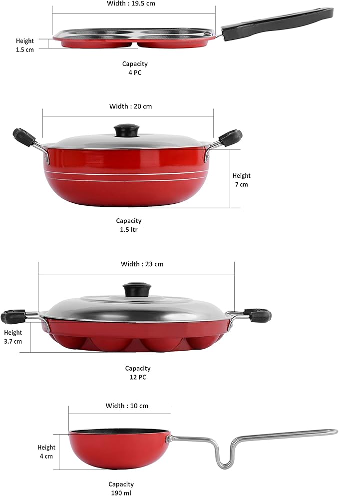 Sumeet 2.6mm Thick Non-Stick Rua Cookware set (Mini Multi Snack Maker – 19.5cm Dia + Kadhai With Lid – 1.5Ltr + Grill Appam Patra With Lid – 23cm Dia + Grill Pan – 1.1Ltr Capacity – 22cm Dia)