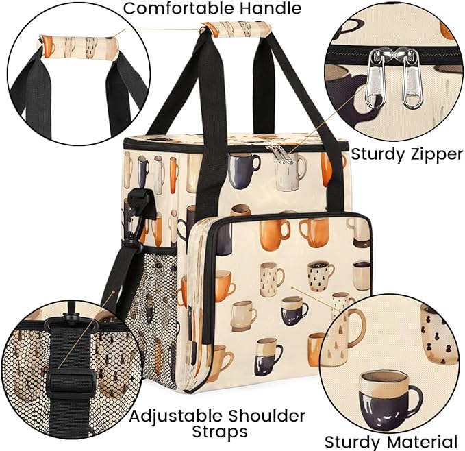 Coffee Cups Print Coffee Maker Carrying Bag Compatible with K-Mini or K-Mini Plus Portable Single Cup Coffee Maker Case with Pockets for K Cup Pods