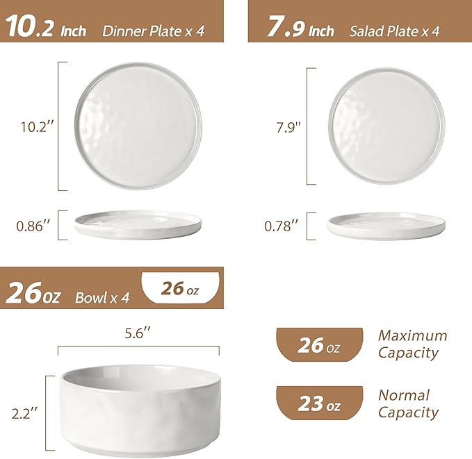 LIANYU Dinnerware Set for 4 3 QT Enameled Cast Iron Dutch Oven 12 Piece Plates and Bowls Sets Ceramic Dinner Salad Plates Cereal Bowls Nonstick Cookware for Bread Baking Oven Safe