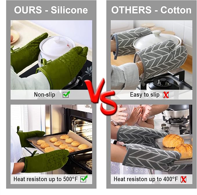 KEGOUU Oven Mitts and Pot Holders 6pcs Set Kitchen Oven Glove High Heat Resistant 500 Degree Extra Long Oven Mitts and Potholder with Non-Slip Silicone Surface for Cooking (Olive Drab)