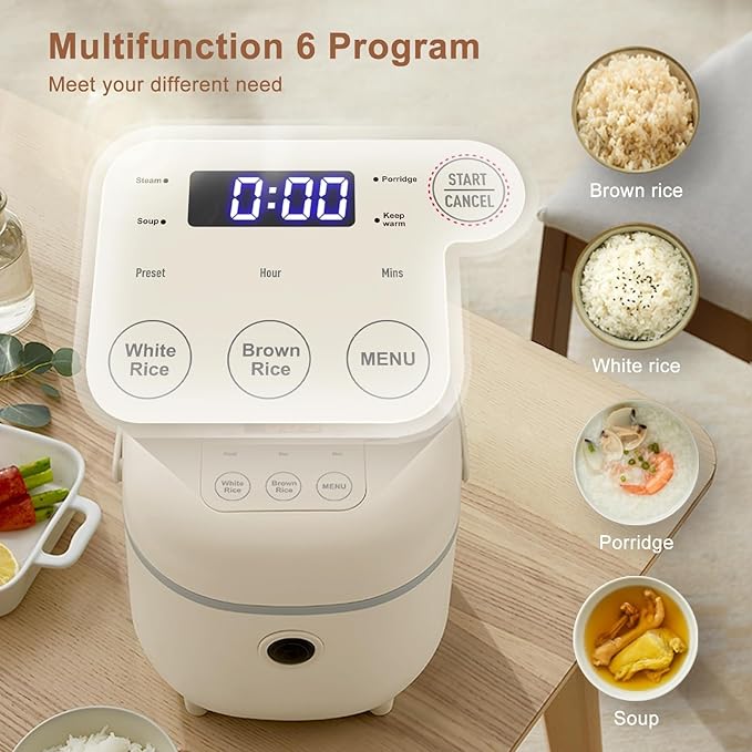 with Steamer and 6 Rice Cooking Functions Multifunctional 3.5 Cups(Uncooked) Rice Cooker for 2-3 People - Perfect for White/Brown Rice Porridge and Soup(2L)