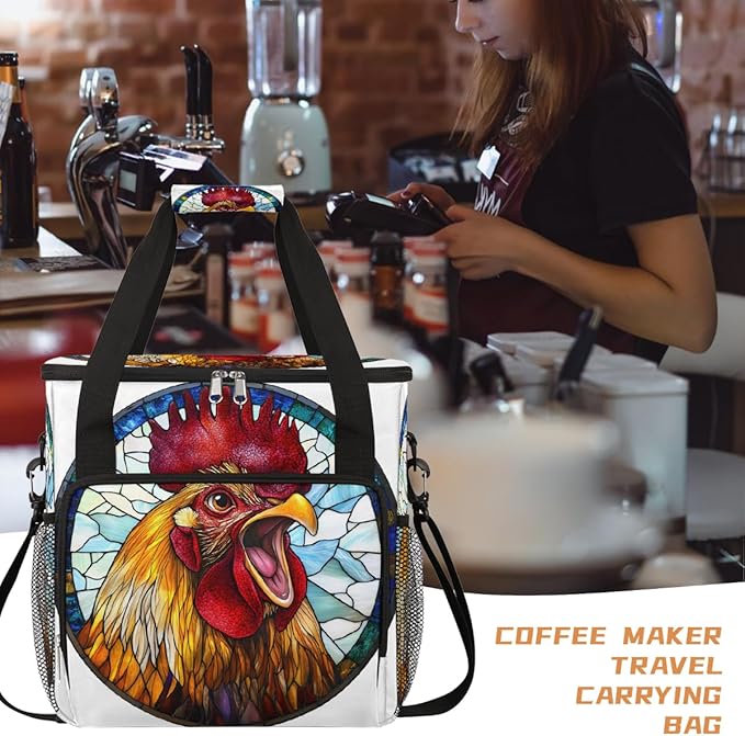 Funny Rooster Glass Painting Coffee Maker Carring Bag Travel Carrying Storage Tote Bag Compatible with Keurig K-Mini or K-Mini Plus Portable Single Serve Coffee Brewer Case with Pockets