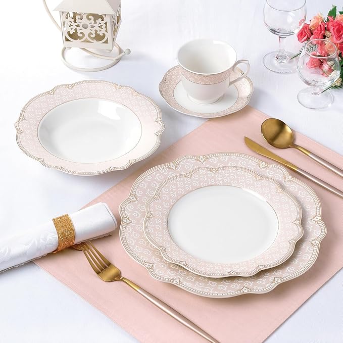 Bone China Dinnerware Set Alexandra 4-person 20-piece Blush Pink and Gold Color