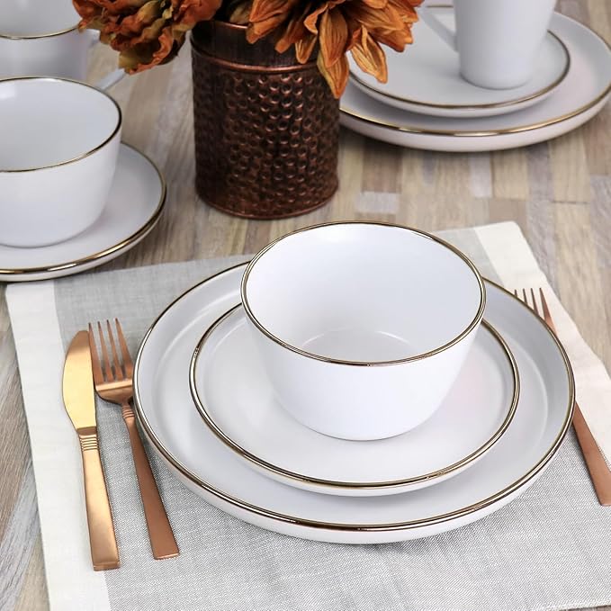 16 Piece Stoneware Dinnerware Set with Gold Rim – Matte Black White &amp Slate Plates Bowls and Mugs – Microwave &amp Dishwasher Safe Tableware Set for 4 (Matte White)