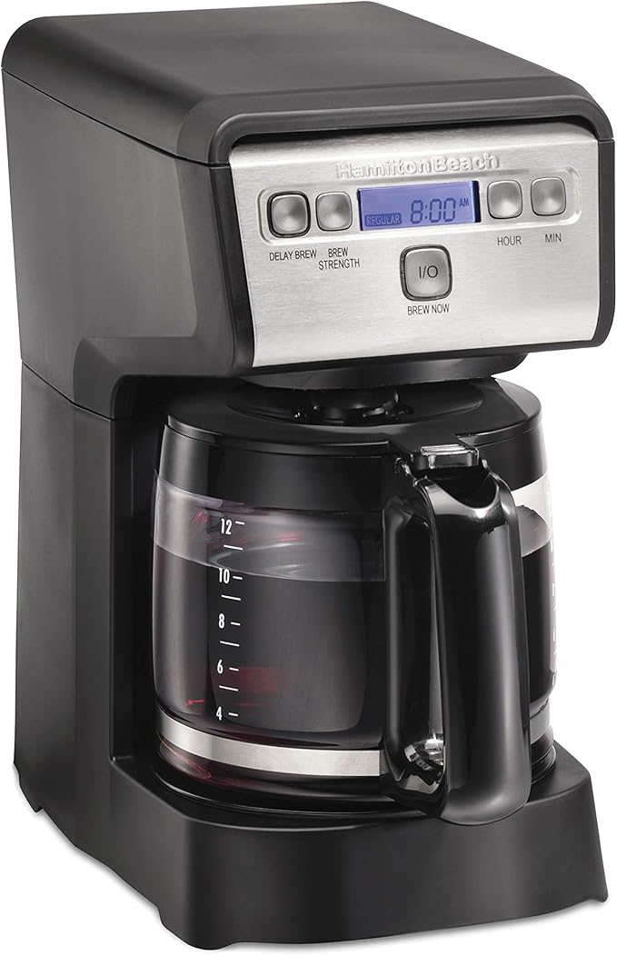 Hamiton Beach 12 Cup Compact Programmable Drip Coffee Maker with No-Drip Burosilicate Glass Carafe 2-Hour Auto Shutoff Space-Saving Design Black with Stainless Steel Accents (46200)