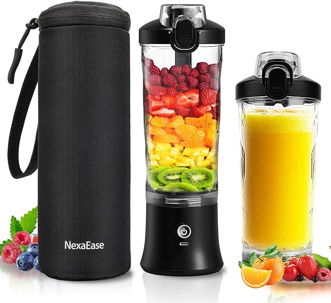 Portable Blender Personal Juicer for Shakes and Smoothies - 20 OZ Electric Protein Shaker Bottle with Insulated Sleeve Travel Lid USB-C Rechargeable - Mini Small Blender Cup for Kitchen Office Gym