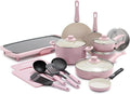 GreenLife 16-Piece Set 2 Cutting boards 20 Electric Griddle 1QT and 2QT Saucepan Pot Set with Lids Ceramic Nonstick PFAS-Free PFOA-Free Dishwasher Safe Soft Pink