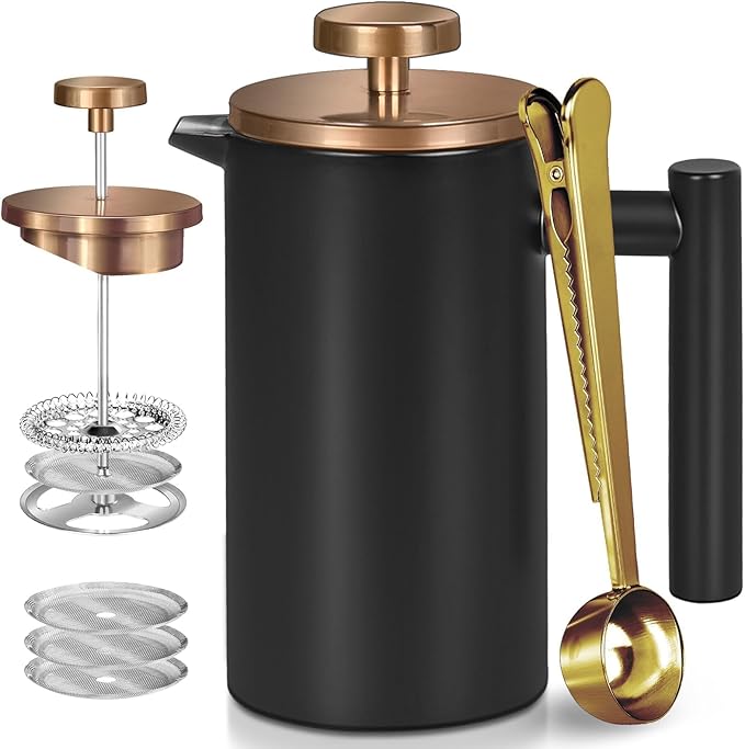 Black Mini French Press Coffee Maker 12oz Single Cup French Press with Rose Gold Lid 3 Extra Filters &amp 1 Gold Spoon(350ml Compact Travel Size) Dishwasher Safe