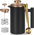 Black Mini French Press Coffee Maker 12oz Single Cup French Press with Rose Gold Lid 3 Extra Filters &amp 1 Gold Spoon(350ml Compact Travel Size) Dishwasher Safe