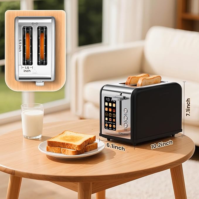 2 Slice Easy Touch Screen Toaster Stainless Steel Toaster with Wide Slots Even Toasting for Bagels &amp Bread Reheat &amp Defrost Removable Crumb Tray Matt Black