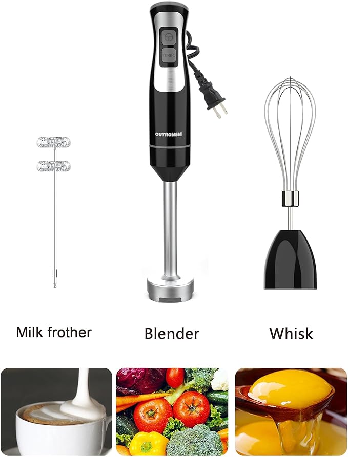 Immersion Blender Handheld OUTRONSM Hand Blender with 4-point thickened SS blades Milk Frother Egg Whisk for Coffee Milk Foam Puree Baby Food Smoothies Sauces and Soups – Black