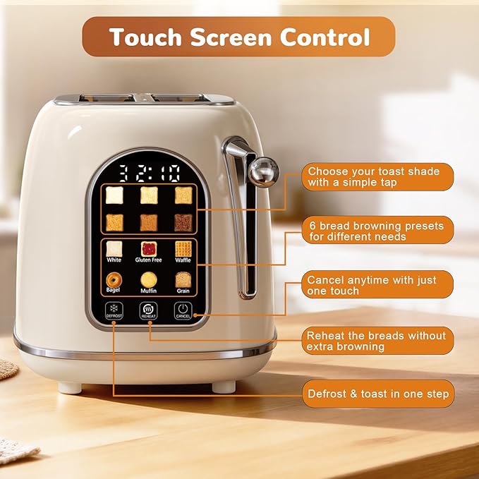 Mecity Toaster 2 Slice Touch Screen Wide Slot Retro Toaster For Breads Bagel Muffin Waffle House Warming Gift New Home 120V 825W Cream Color