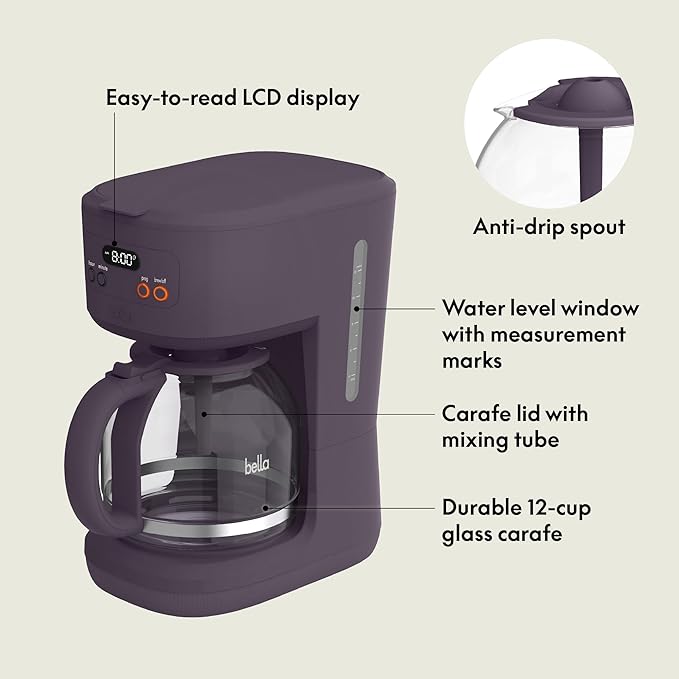 bella 12 Cup Programmable Coffee Marker Reusable Dishwasher Safe Accessories Easy LCD diaply Auto Shutoff 900 watt Plum
