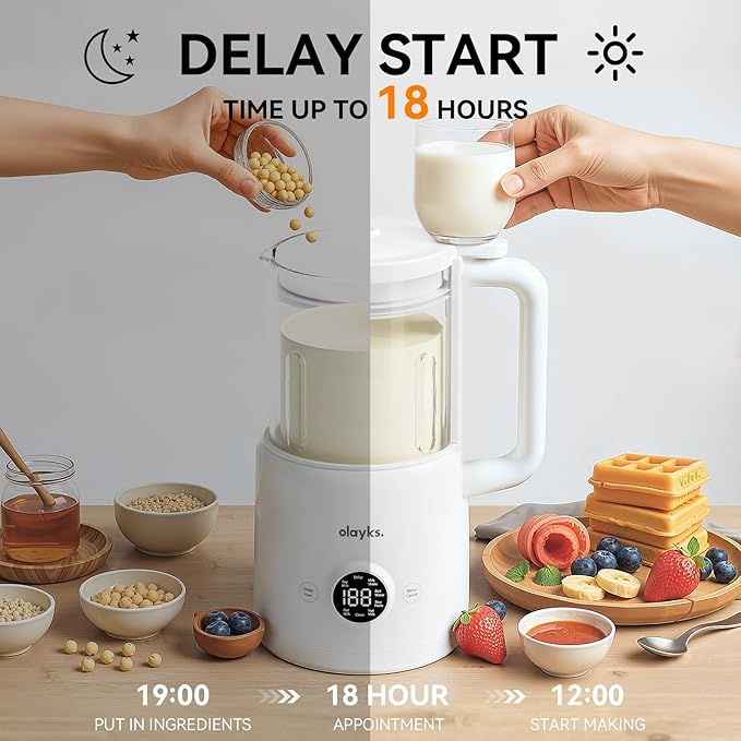 olayks 6 in 1 Automatic Nut Milk Maker Blender 20oz Homemade Soy Milk Maker for Plant-Based Milk Coconut Oat Almond Non-Dairy Beverages with Timer Keep Warm Boil Water Self-Cleaning