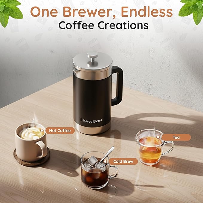 1.6L French Press Coffee Maker 54oz Large Capacity French Press Stainless Steel Brewer with Double Filter Mesh for Kitchen Travel Camping Hot &amp Cold Brew Coffee Maker Gifts (Black)