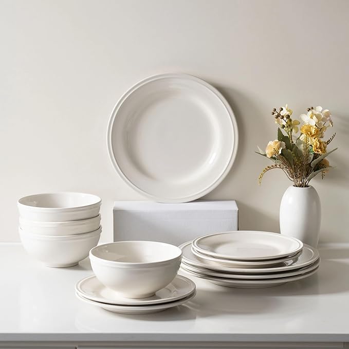 12-Piece White Stoneware Dinnerware Set Service for 4 Microwave &amp Dishwasher Safe Ceramic Plates and Bowls Set Durable Everyday Dishes for Home Kitchen