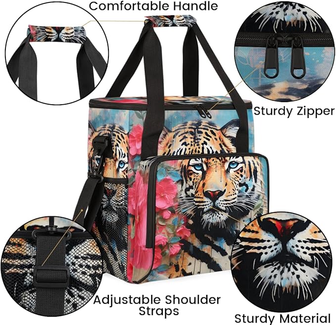 Tiger Coffee Maker Carrying Bag Oil Painting Flower Travel Storage Bag Compatible with K-Mini or K-Mini Plus Single Serve Coffee Brewer Carrying Case with Multiple Pockets &amp Shoulder Strap