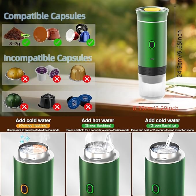 Mini Electric Espresso Coffee Machine Small Self-Heating Portable Car Coffee Maker with Capsule and Ground Coffee for Office RV Travel Camping Hiking (green)