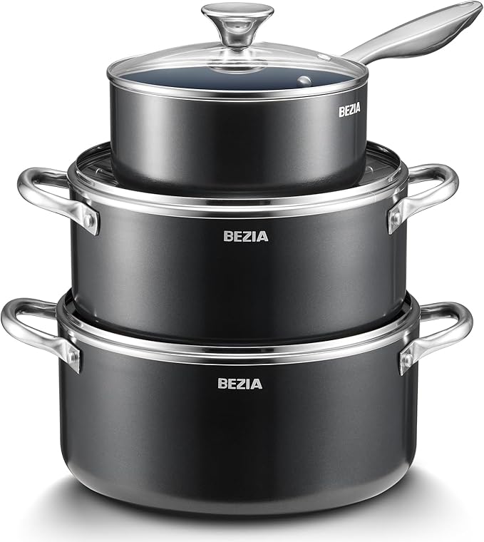 Induction Cookware Set 6-Piece Stackable Kitchen Cooking Pots Set 6qt 4.8qt &amp 2qt Pots with Lids Dishwasher Safe &amp Oven Safe Compatible with All Stoves Black