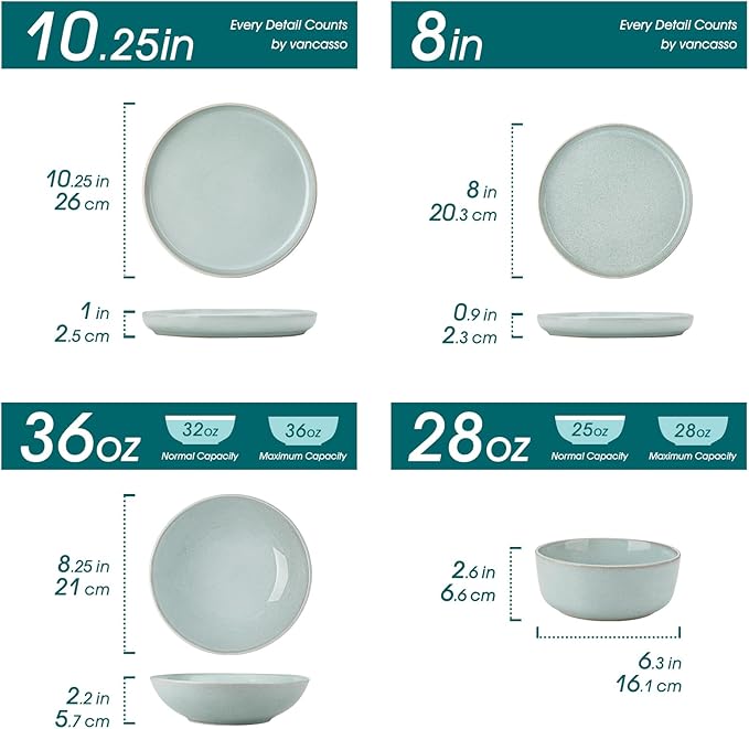 vancasso ANYA 24 Pieces Plates and Bowls Set Mint Green Dinnerware Sets Reactive Glaze Dishes Set for 6 Ceramic Dishware Sets Kitchen Dinner Set Microwave &amp Dishwasher Safe
