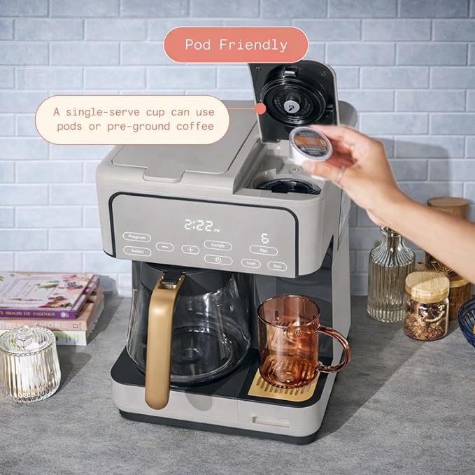 Multi Brew Coffee Maker with Single Serve and Carafe Brewing Options for Countertop Home Use (Porcini Taupe)