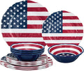 Supreme Housewares 12-Piece Melamine Dinnerware Set Includes Dinner Plates Salad Plates Bowls Service for 4. (American Flag)