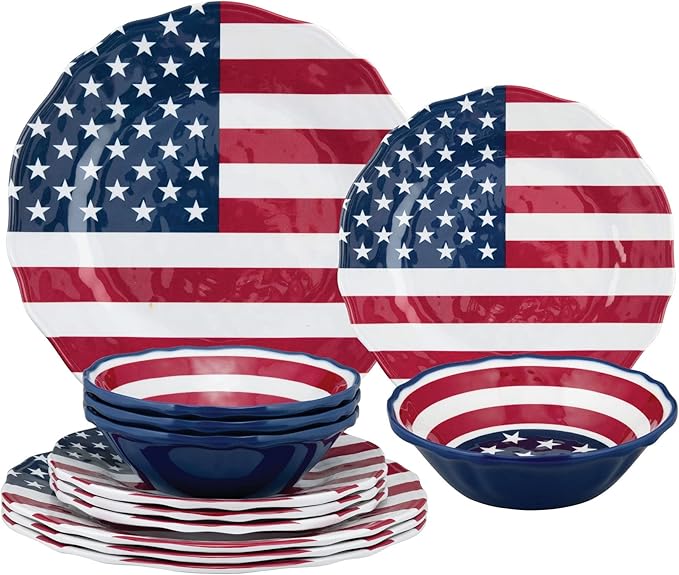 Supreme Housewares 12-Piece Melamine Dinnerware Set Includes Dinner Plates Salad Plates Bowls Service for 4. (American Flag)