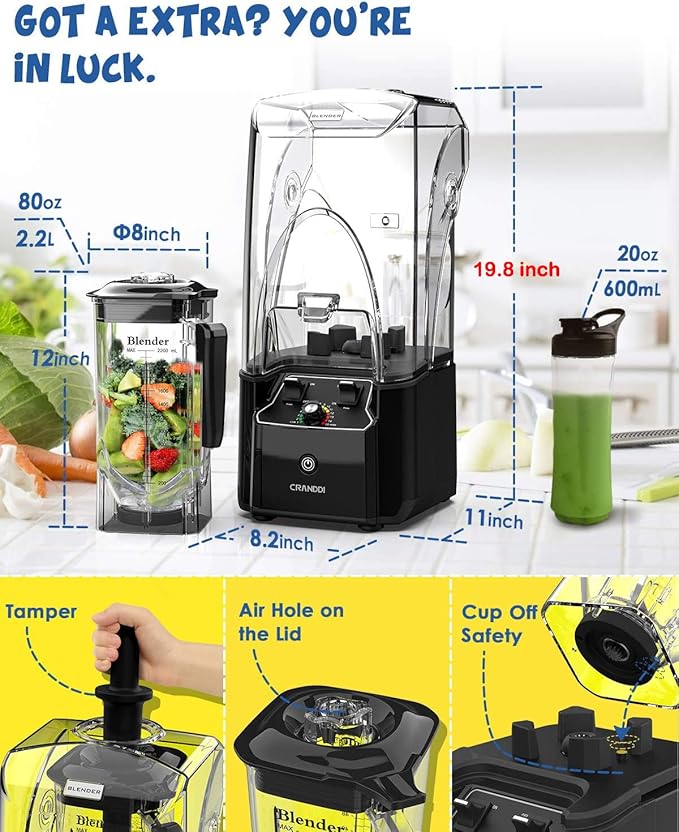 CRANDDI Quiet Commercial Blender with Soundproof Shield 2200 Watt Professional Blenders for Kitchen with 80oz Jar and Self-Cleaning High-Speed Blenders K90 Black