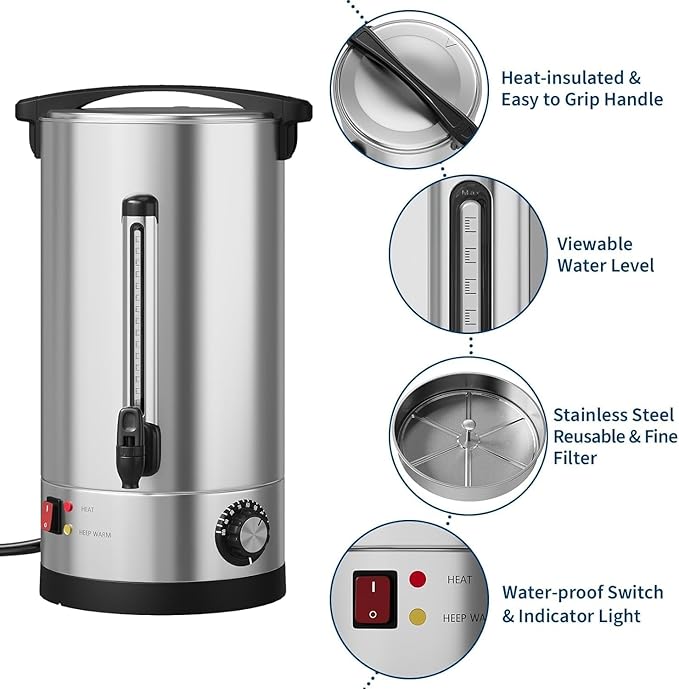 70 Cup 10L Commercial Coffee Maker | Large Capacity Coffee Urn with Double-Wall 304 Stainless Steel | Quick Brew Dispenser for Offices Meetings &amp Large Gatherings Silver