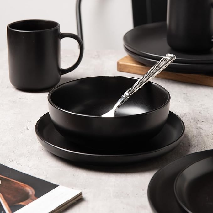 12-Piece Stoneware Dinnerware Set with Mugs | Microwave and Dishwasher Friendly | Stackable Matte Glaze Plates &amp Bowls | Service for 3 (Black for 3)