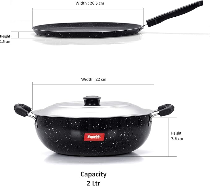 Sumeet NonStick Sparkle Induction Cookware Set of 2 Pcs (Tawa - 26.5Cm Kadhai - 22Cm - 2 Ltr)