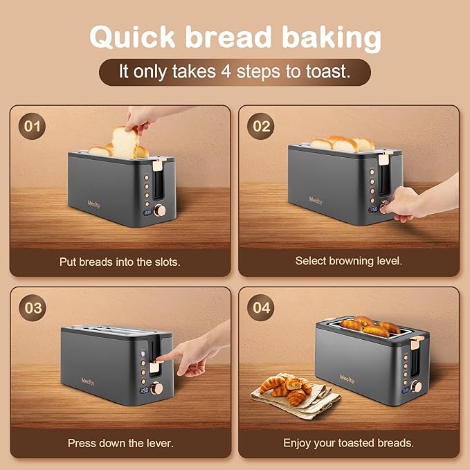 Mecity 4 Slice Toaster Long Slot Toaster With Warming Rack Timer Bagel Defrost Reheat Functions Crumb Tray 6 Browning Settings Extra Wide Long Slots Stainless Steel 1300W Grey