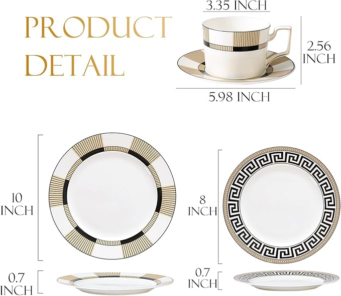 Luxury Dinnerware Set for 6 24 Pieces Black and Gold Striped Dishes Set with Teacup snd Saucer Bone China Plate Sets for Brunch Housewarming Anniversary Present