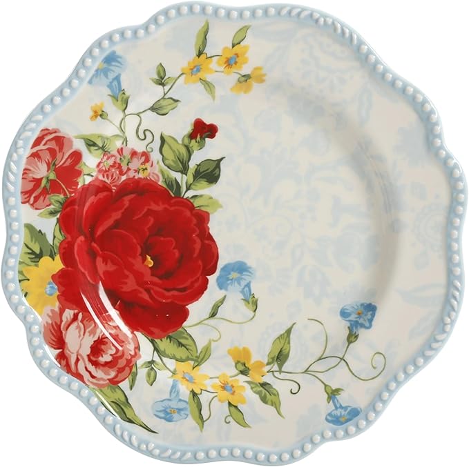 12-Piece Stoneware Dinnerware Set Service for 4 Floral Design with Scalloped Rim Dishwasher &amp Microwave Safe
