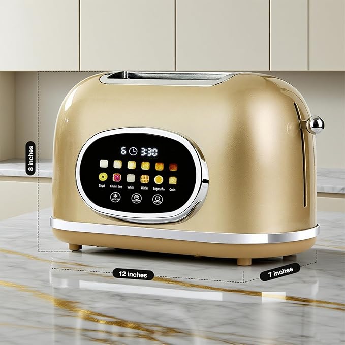 Roter Mond 2 Slice Toaster Smart Touch Screen Retro Stainless Steel Bread Toaster with Digital Timer Sleep Mode Bagel Cancel and Defrost Functions 6 Bread Types and Shade Settings Gold