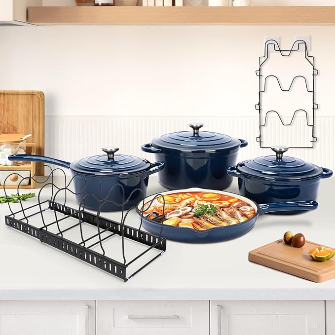 QuliMetal Nonstick Enameled Cast Iron Cookware Set Frying Pan Skillet- 7-Pcs Pots and Pans with Lid Healthy Round Dutch Oven Pot for Sourdough Bread Baking Oven Safe up to 500° F or on All Stovetop