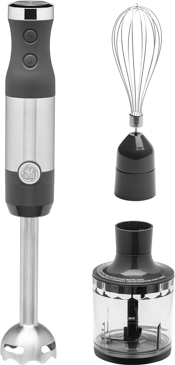 GE Immersion Blender | Handheld Blender for Shakes Smoothies Baby Food &amp More | Includes Whisk &amp Blending Jar | 2-Speed | Interchangeable Attachment for Easy Clean | 500 Watts | Stainless St