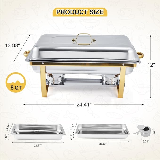 Superior Stainless Steel Chafing Dish Buffet Set – 2 Sets of 2-Piece Silver &amp Gold Food Warmers for Large Parties and Banquets – Durable Kitchen Cookware for Catering – Includes Specs: 2*2