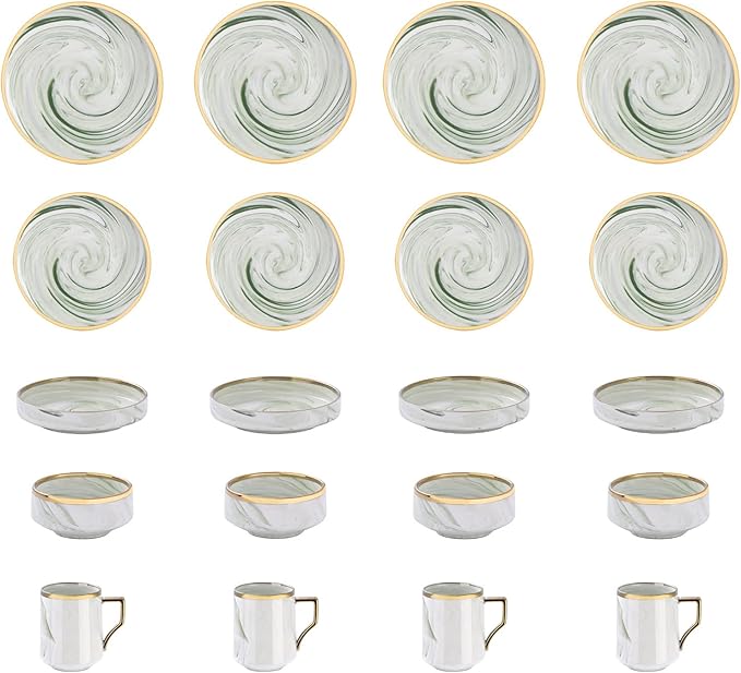 Fine China Artisan Marbled 20pc Dinner Set Green with Gold Line