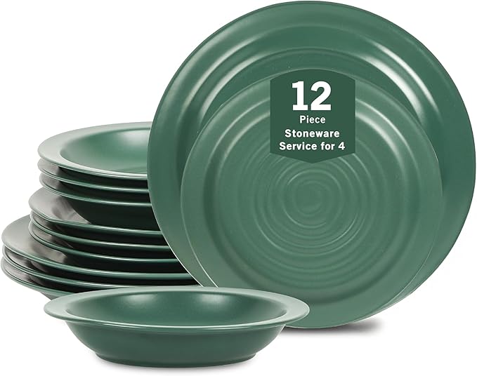 Stone Lain Orbit 12-Piece Dinnerware Set Stoneware Plates and Bowls Set Pasta Bowls Microwave and Dishwasher Safe Dish Set for 4 Green