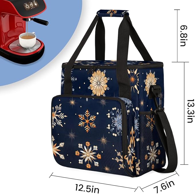 Christmas Snowflakes Coffee Maker Carrying Bag Oil Painting Snowflakes Travel Storage Bag Compatible with K-Mini or K-Mini Plus Single Serve Coffee Brewer Carrying Case with Pockets &amp Shoulder S