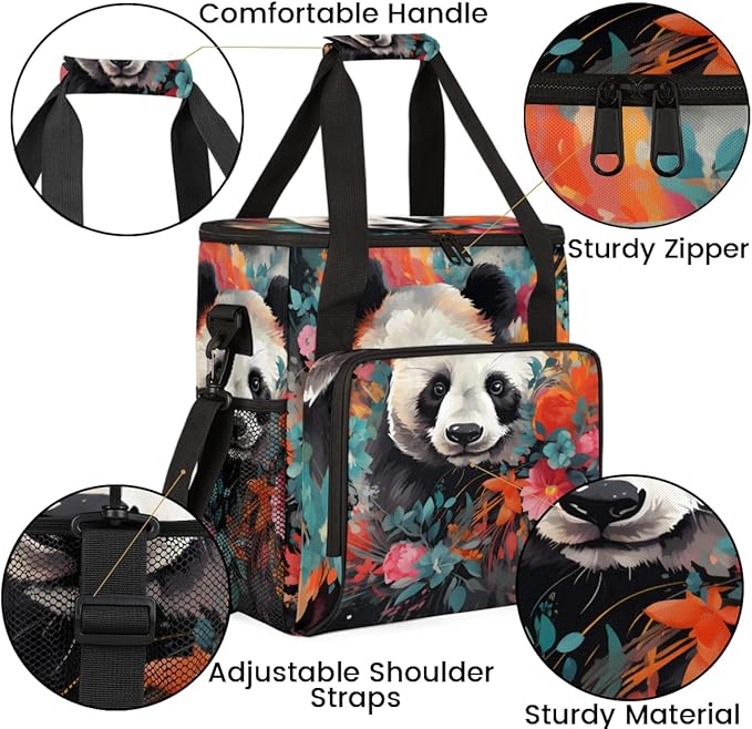 Cute Panda Coffee Maker Carrying Bag Oil Painting Floral Travel Storage Bag Compatible with K-Mini or K-Mini Plus Single Serve Coffee Brewer Carrying Case with Multiple Pockets &amp Shoulder Strap