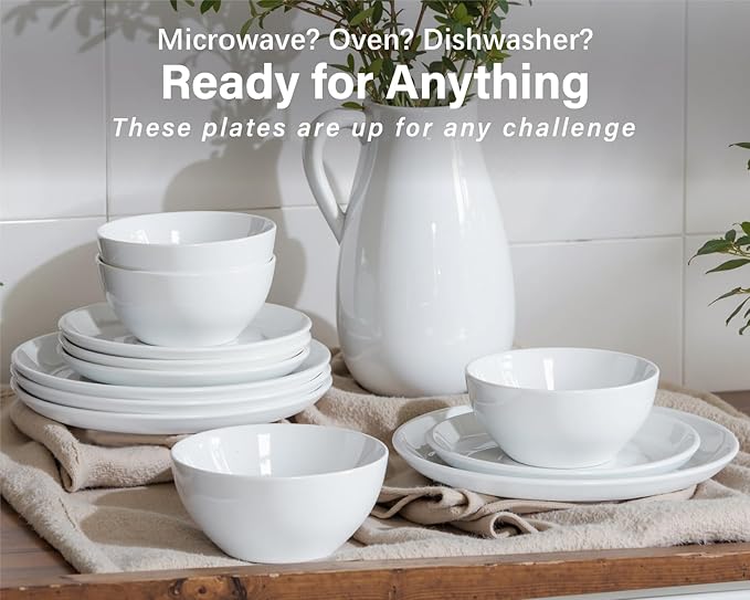 ONEMORE Plates and Bowls Set for 4 - Microwave &amp Dishwasher Safe Porcelain Dinnerware Set Service for 4 - Ceramic Dishes Set(12 Pcs) - White