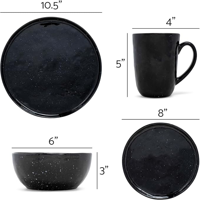 Elanze Designs Shiny Speckled Western Country Style Ceramic Plates Bowls Mugs Dinnerware 16 Piece Set - Service for 4 Black