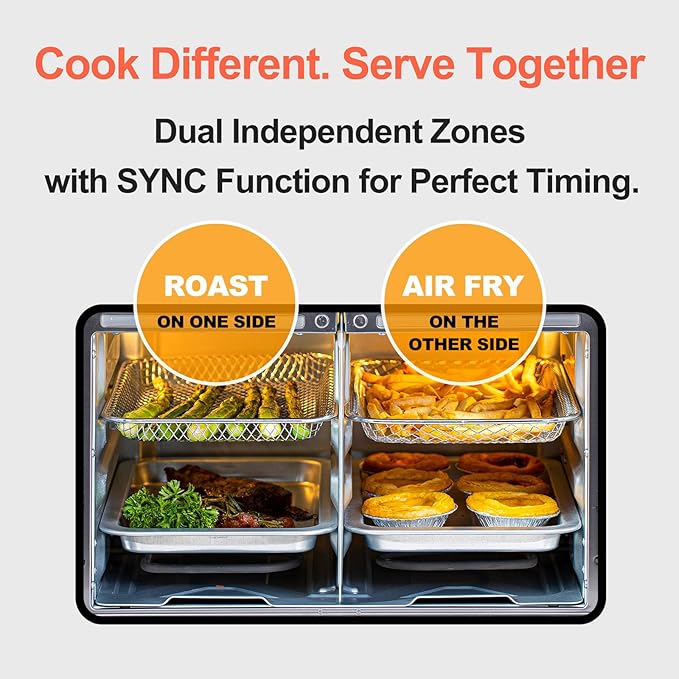 HotKing Dual-Zone Air Fryer Toaster Oven Combo 28 QT Extra Large Non Toxic Stainless Steel Convection Oven with French Door Countertop Airfryer with Window Racks Rotisserie Dehydrator ETL Rated