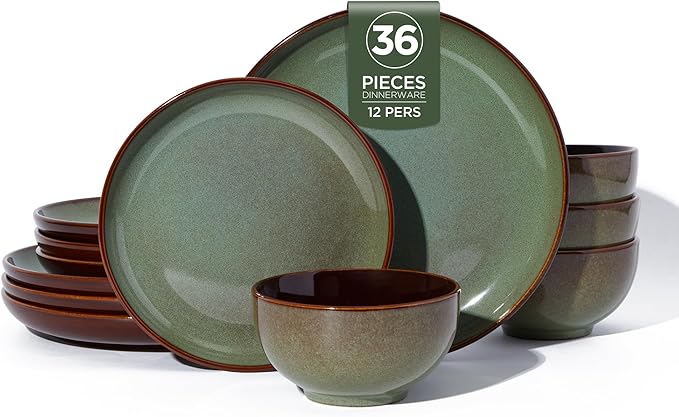36 Piece Stoneware Dinnerware Sets Ceramic Plates and Bowls Set Microwave &amp Dishwasher Safe Kitchen Dish Set Modern Dinner Salad Plates | Cereal Bowls for 12 Dishware Sets Sage Green