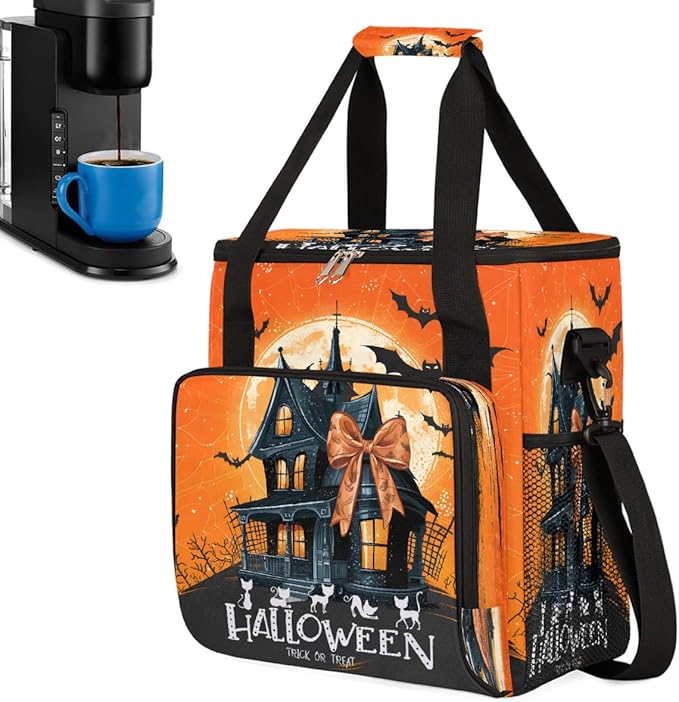 Halloween Moon Castle Bats Coffee Maker Carring Bag Travel Carrying Storage Tote Bag Compatible with Keurig K-Mini or K-Mini Plus Portable Single Serve Coffee Brewer Case with Pockets for K-cup Pods
