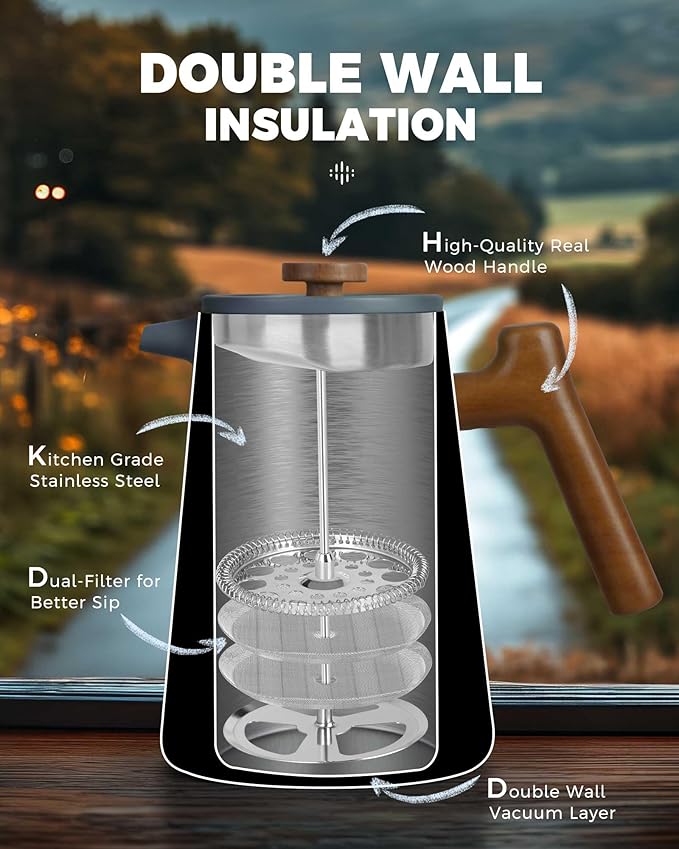 POLIVIAR French Press Coffee Maker 34 oz Coffee Press with Real Wood Handle Double Wall Insulation &amp Dual-Filter Screen Food Grade Stainless Steel for Good Coffe and Tea JX2025-XFPU