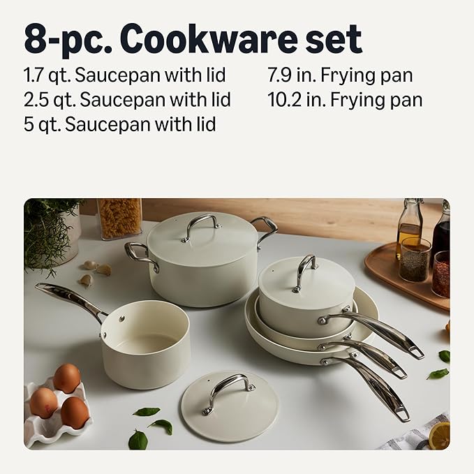 Amazon Basics Ceramic Nonstick Cookware 8-Piece Set of Pots and Pans Dishwasher and Oven-Safe All Cooktop Induction Friendly Linen Gray