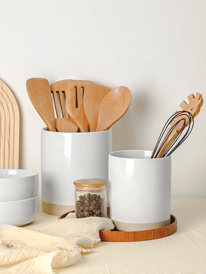 Famiware Nebula Plates and Bowls Set of 12 and Milkyway Kitchen Utensil Holder for Countertop Set of 2 14 Pieces Dinnerware Sets White